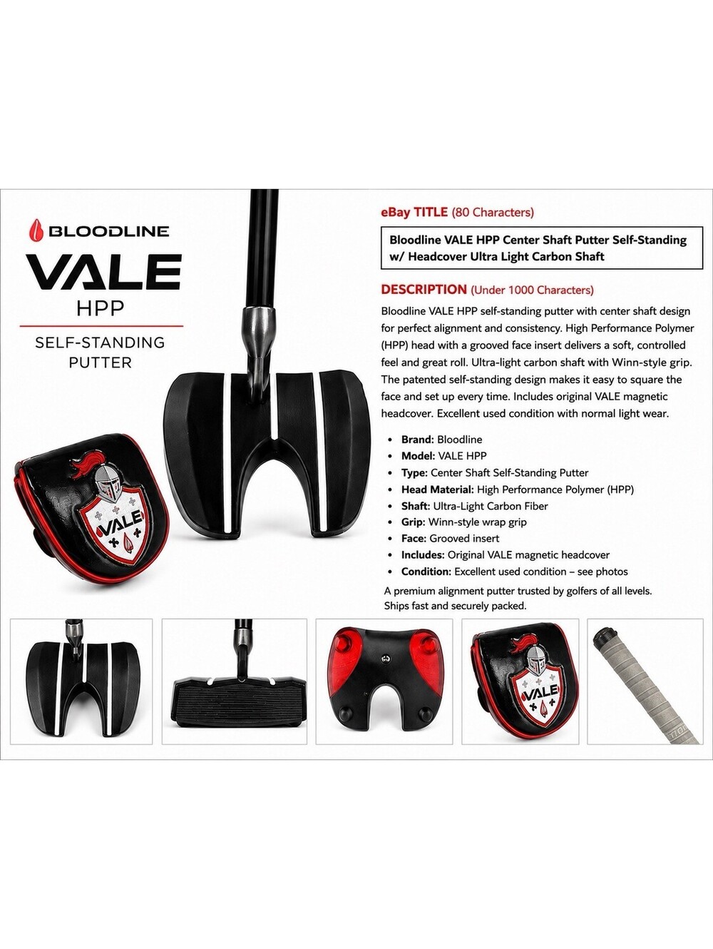 Bloodline VALE HPP 34” Self Standing RH Center Shaft Putter w/ Original Cover